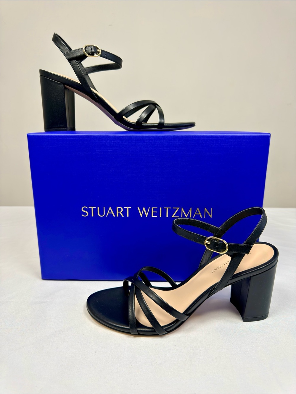 Stuart Weitzman 75MM Starla Leather Block Heel Sandals - Black Size 6.5